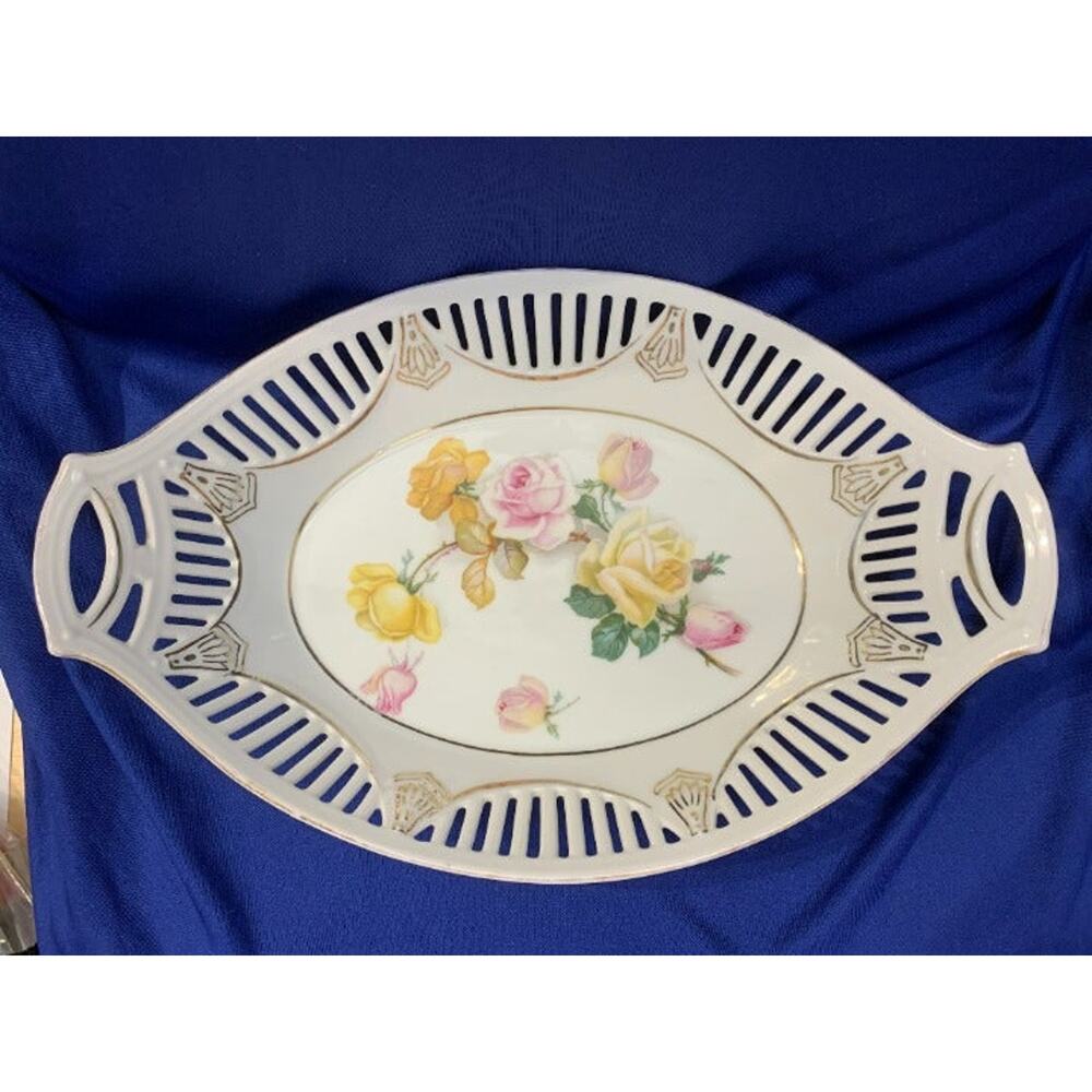 Porcelain Laced Edge Serving Dish Yellow Rose Germany
